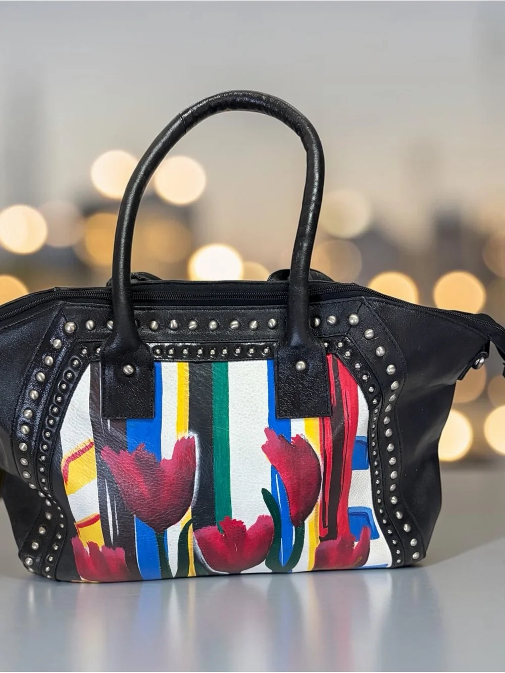 Sharif 1827 Hand Painted Leather Tulip Satchel Studded Edgy Wearable Art Bag